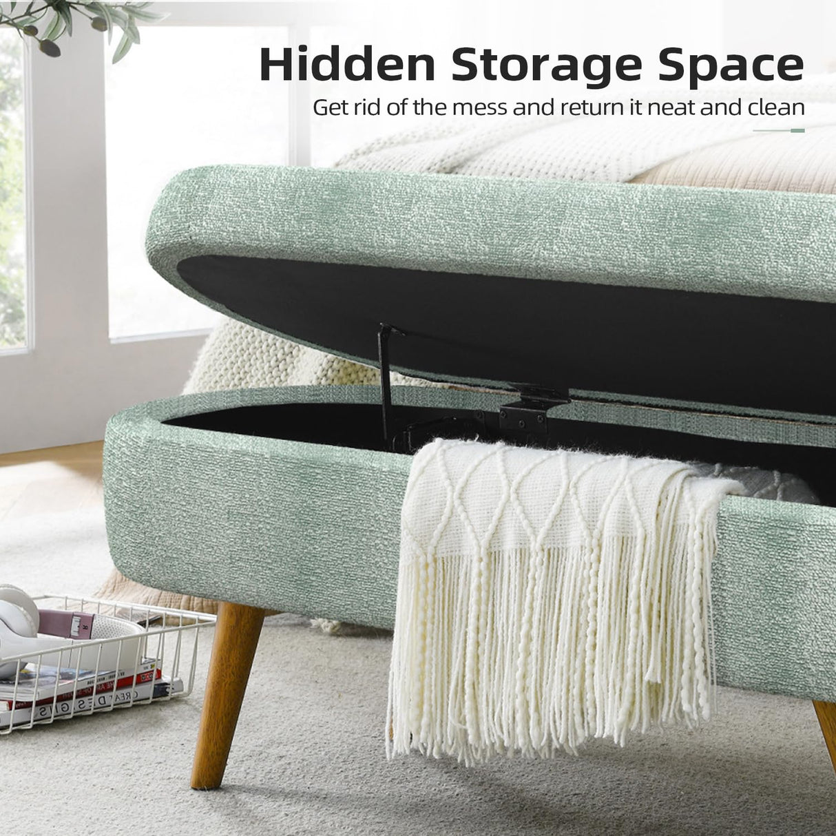 TODRANI Storage Ottoman Bench for Bedroom,43.5" Boucle Upholstered Entryway Shoe Seat Bench with Storage, Modern Padded Blanket Chest Stool Footrest for Living Room or Window Seating(Cyan) TODRANI