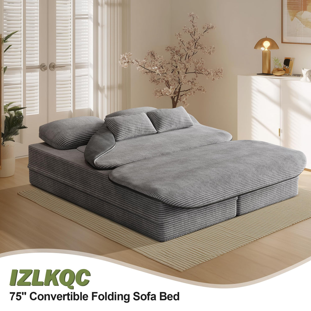 IZLKQC 75'' Convertible Folding Sofa Bed, Memory Foam Couch, Foldable Full Size Love Seat Sleeper Bed, 2-in-1 Foldable Curved Sleeper Sofa with 4 Pillows and Blanket for Living Room (Corduroy, Gray) IZLKQC