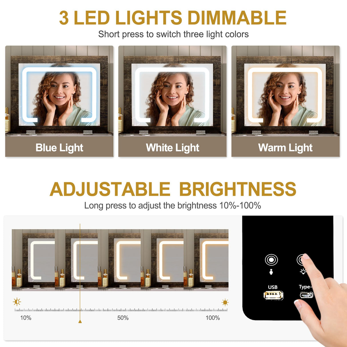 MDGC 3 in 1 Vanity Desk with Mirror and Lights, Farmhouse Dressing Table with Charging Station, Compact Makeup Vanity Table with 3 Drawers & Hidden Storage Stool (Rustic Brown) MDGC