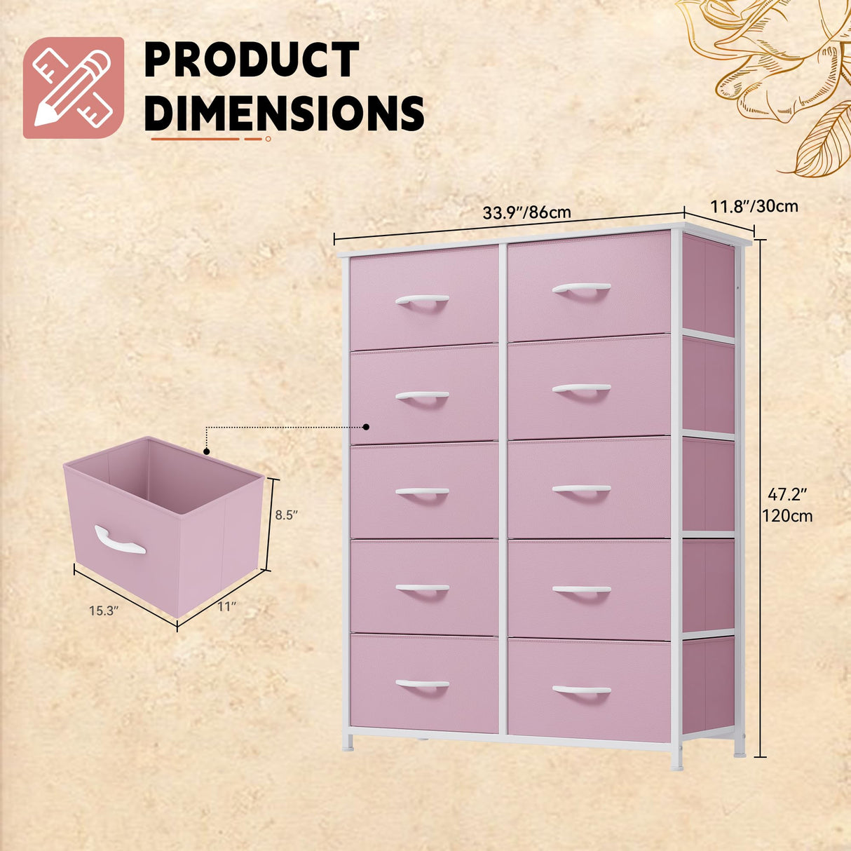 DWVO 10 Drawer Dresser - Fabric Storage Tower, Tall Chest Organizer Unit, Living Room, Hallway, Closets - Sturdy Steel Frame, Wooden Top & Easy Pull Fabric Bins, Pink DWVO