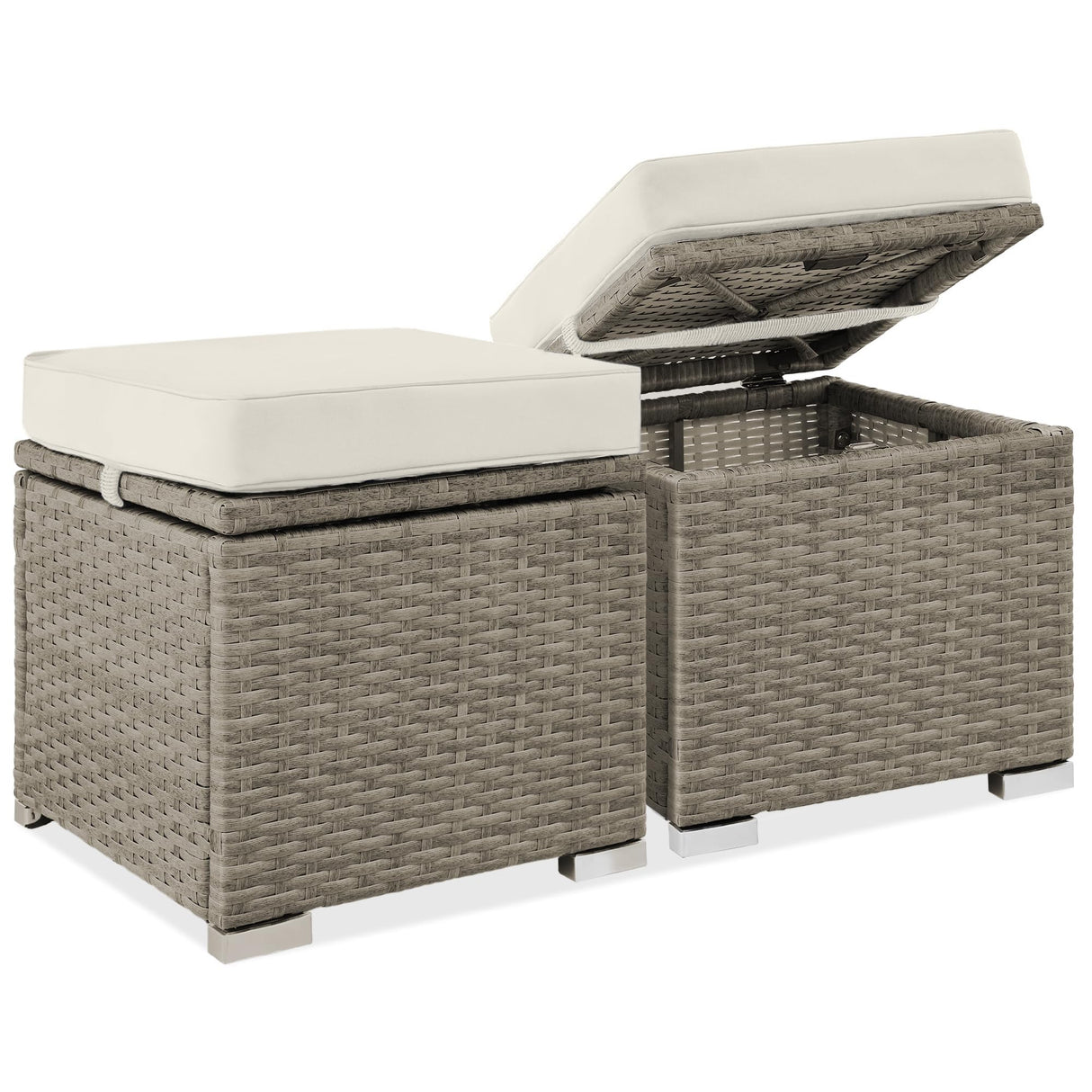 Best Choice Products Set of 2 Wicker Ottomans, Multipurpose Outdoor Furniture for Patio, Backyard, Additional Seating, Footrest, Side Table w/Storage, Removable Cushions - White Sand/Taupe Best Choice Products