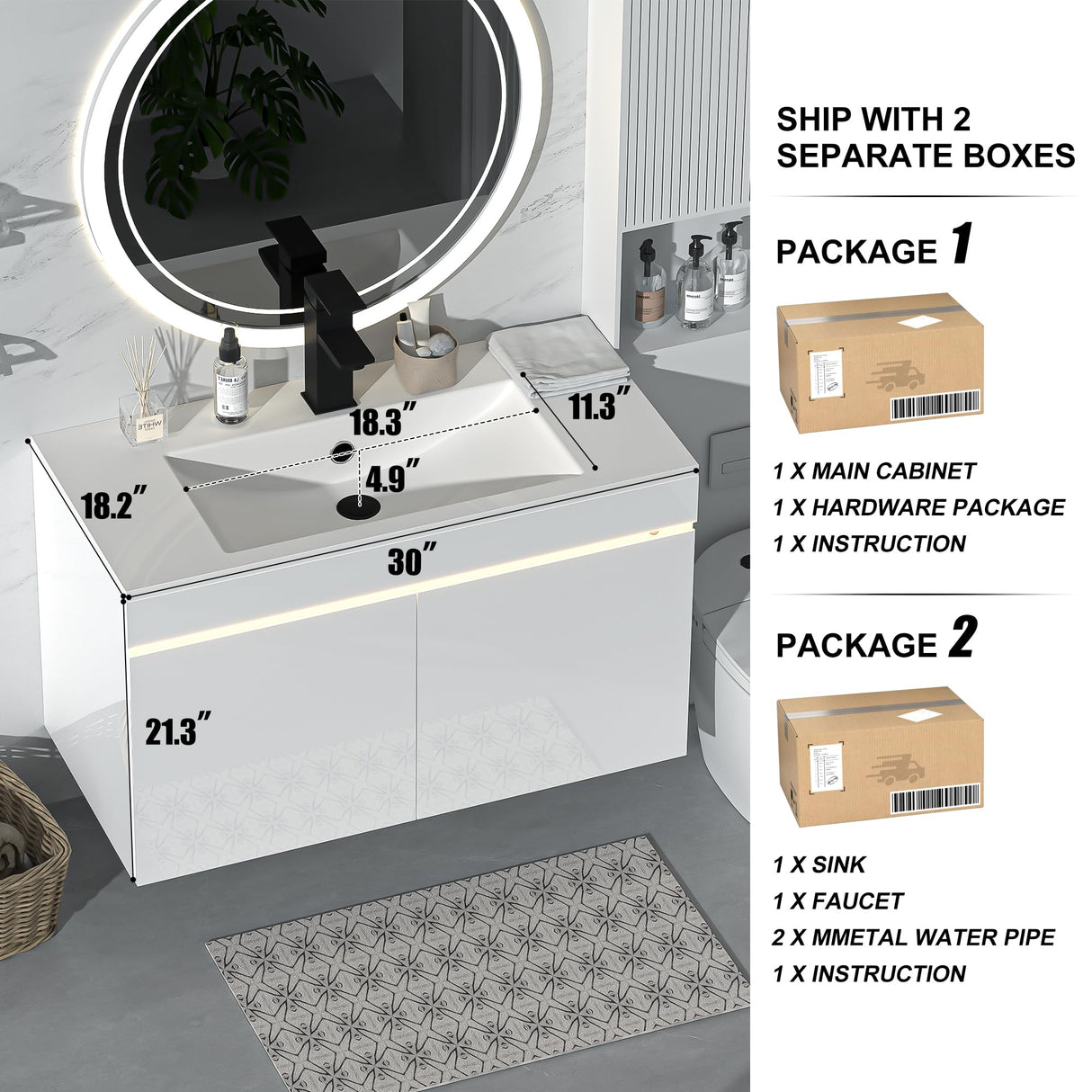 AHB 30 inch Bathroom Vanity W/Sink Combo, High Gloss Bathroom Cabinet, Smart Wall Mounted Sink Cabinet Auto Motion Sensor LED Light, Modern Floating Vanity with Faucet AHB