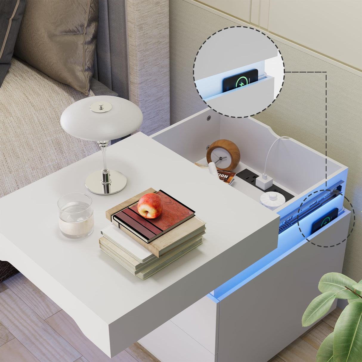 Flamaker LED Nightstand with Charging Station, End Table with 2 Drawer Storage Cabinet, Bedside Table with Sliding Top for Bedroom and Living Room (White) Flamaker