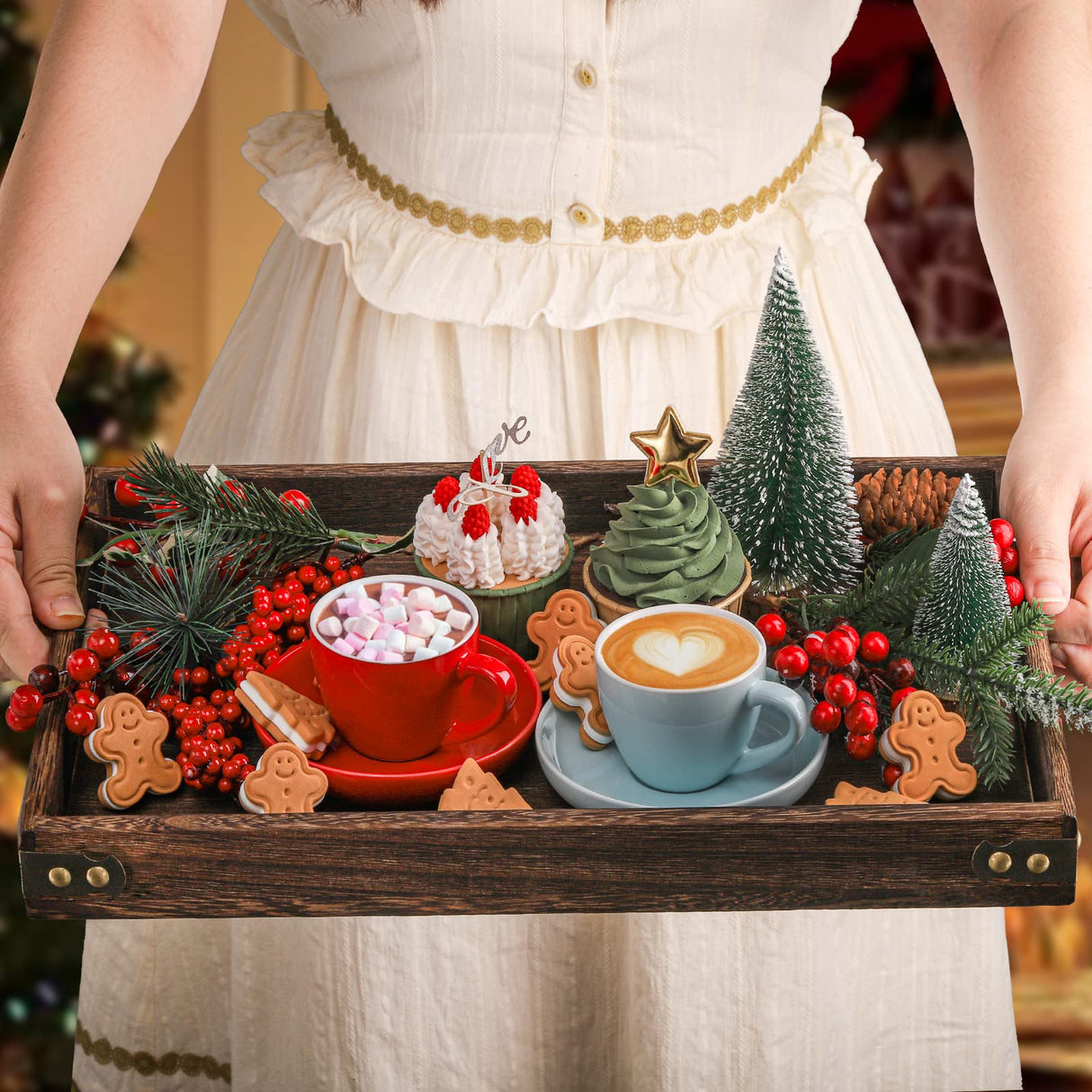 TOPZEA 3 Pack Rustic Wood Serving Tray with Handle, Farmhouse Wooden Coffee Table Tray Rectangular Kitchen Food Breakfast Tray Decorative Ottoman Tray for Coffee, Tea, Table Centerpieces Decor TOPZEA