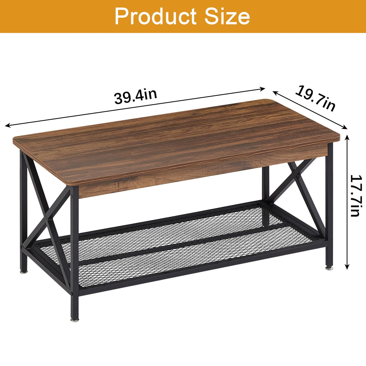 VECELO Coffee Table with 2-Tier Storage Shelf X-Frame for Living Room, Office Industrial Style,Easy Assembly, 39 inch Classic Brown