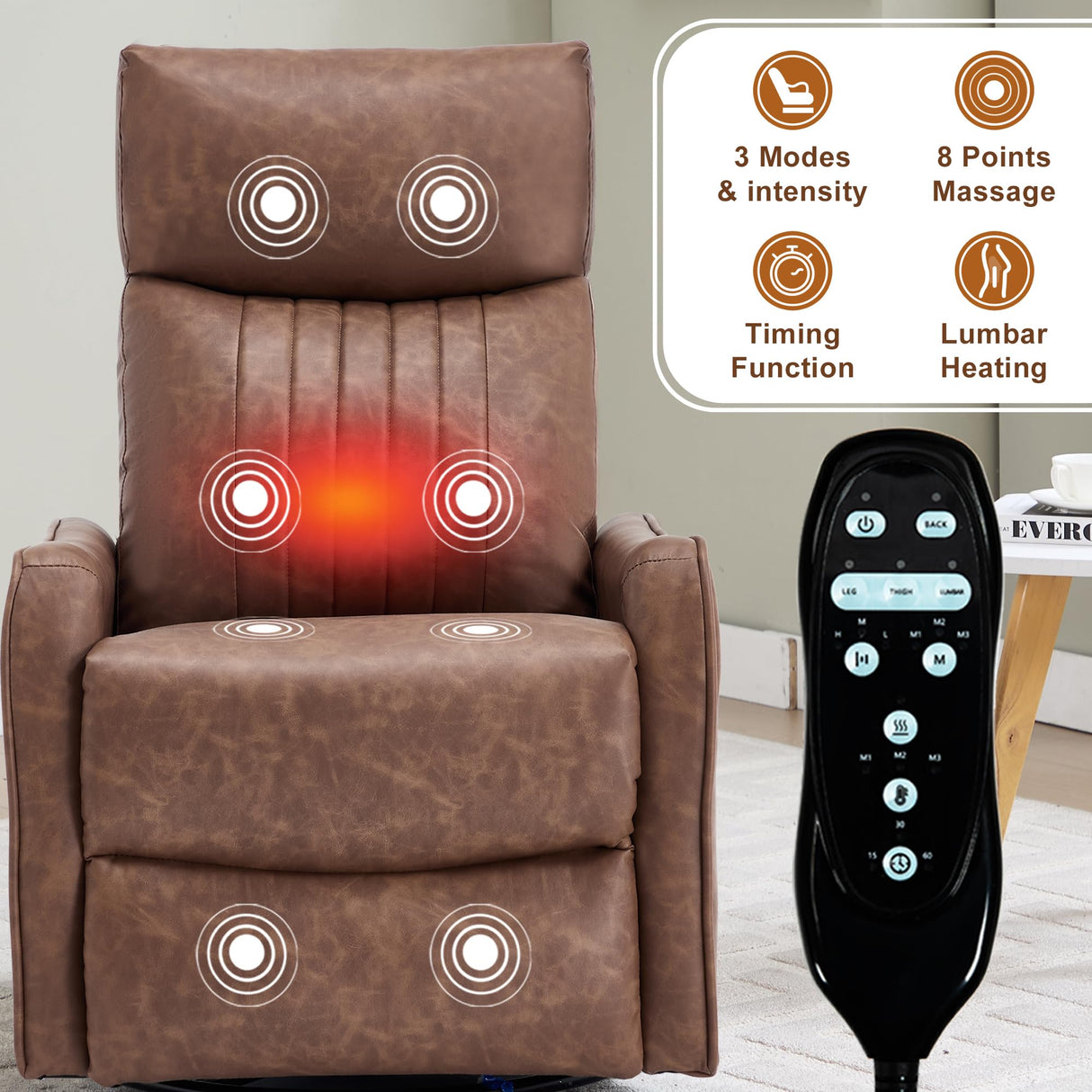 PELUMY Recliner Chair Swivel Rocking with Heat Massage - 360° Manual Recliner, 8-Point Vibrating & Lumbar Heat, Easy Assembly Chair for Living Room (Breathable Leather, Brown) PELUMY