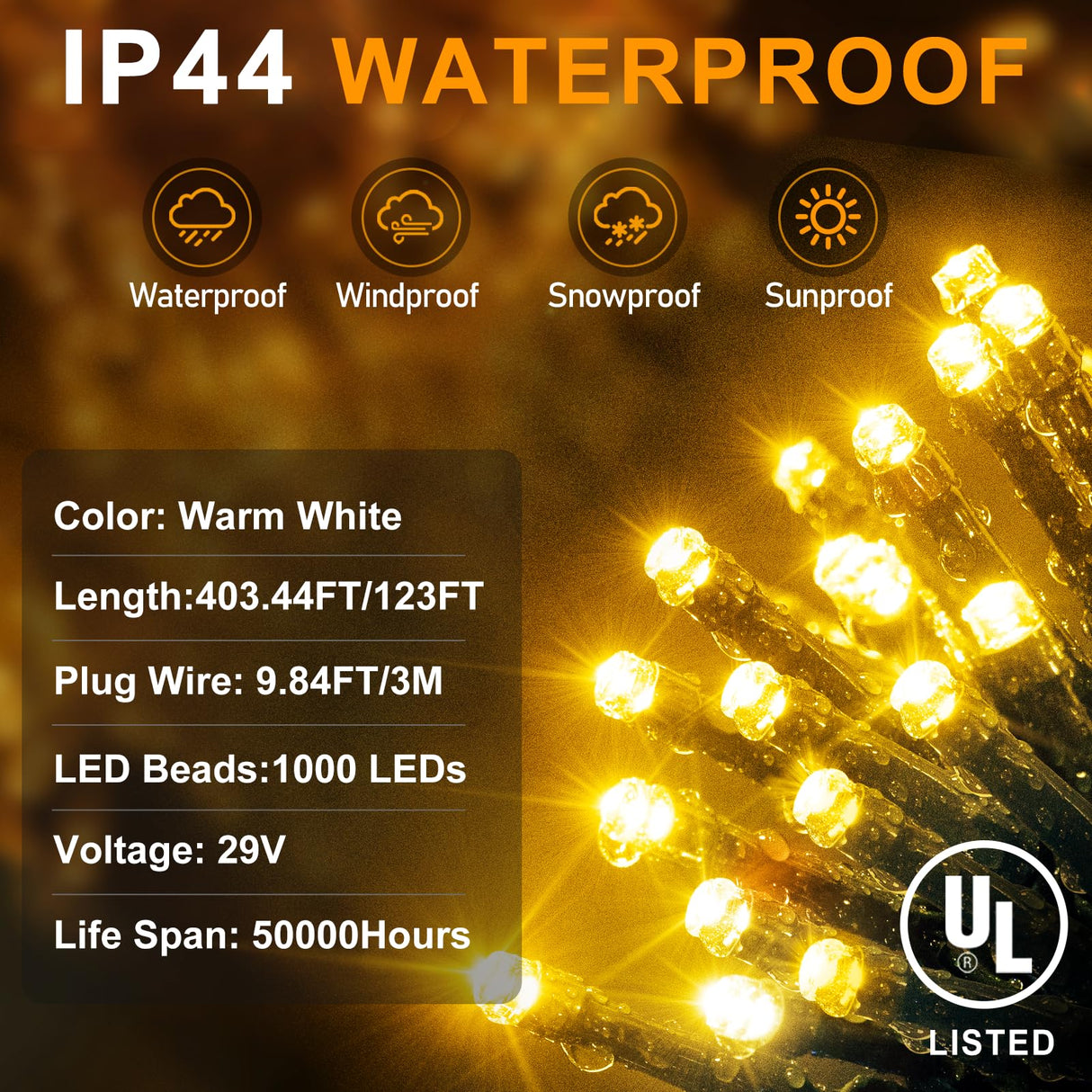 KNONEW 403FT 1000 LED Christmas Lights Outdoor String Lights 8 Modes & Timer Fairy Light Plug in Waterproof LED String Lights for Xmas Yard Tree Wedding Party Holiday Decorations (Warm White) KNONEW