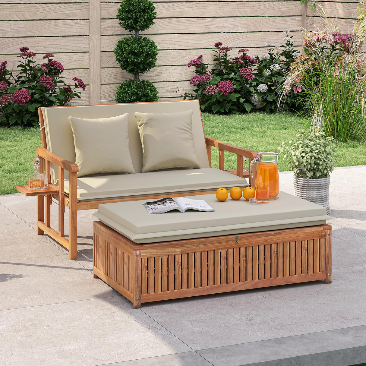 Tangkula Outdoor Acacia Wood Daybed with Storage Ottoman, Wood Patio Loveseat Sofa with 4-Level Backrest & Removable Cushions, 2 Folding Side Tables, Patio Recliner Lounger for Poolside, Backyard Tangkula