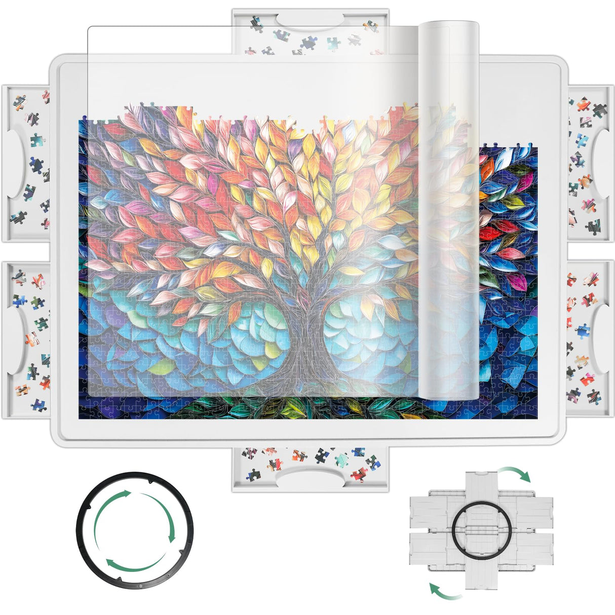 ALL4JIG 1500 Pieces Rotating Plastic Puzzle Board with 6 Sliding Drawers and Protective Cover, 360° Lazy Susan Design, 34.25"x26.38" Portable Spinning Puzzle Table for Adults, Ideal Gift for Mum ALL4JIG