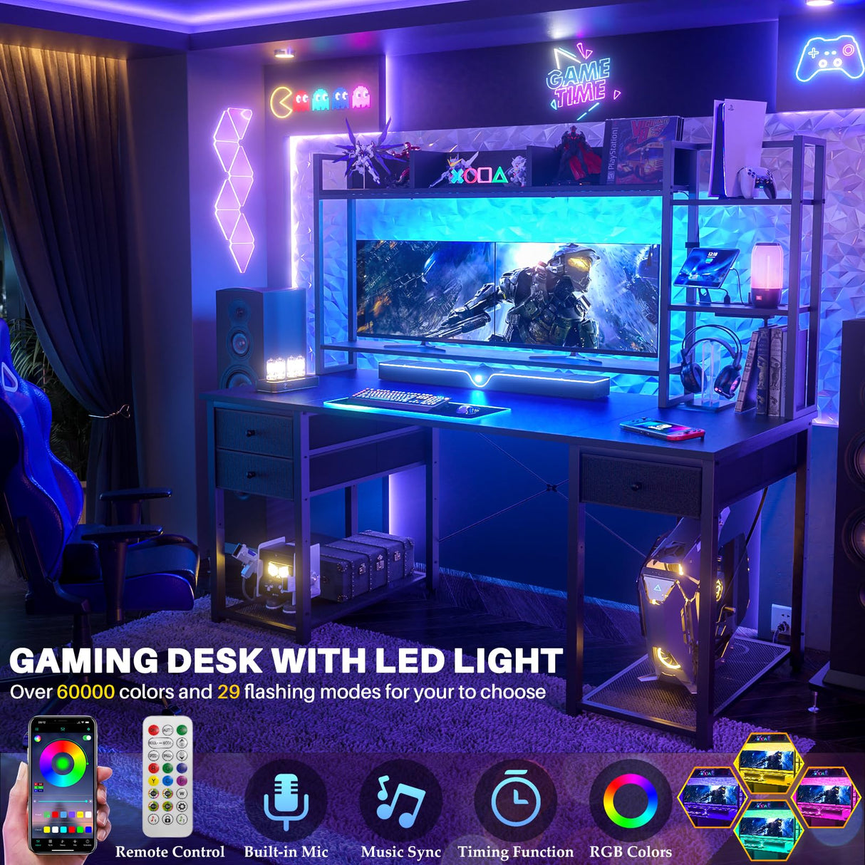 Aheaplus 55.2'' Gaming Desk with LED Lights, Power Outlets, Hutch & Drawers in Black Aheaplus
