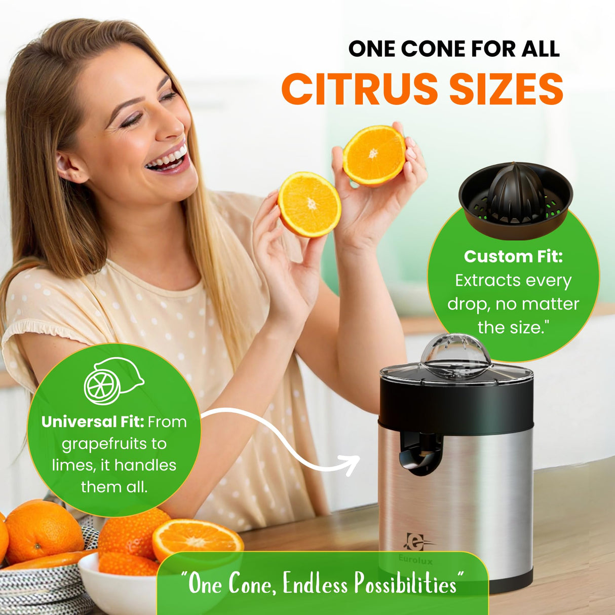 Eurolux Electric Orange Juicer, Sleek Effortless Citrus Juice Squeezer for Lemon, Lime, Grapefruit | Powerful Motor, Easy to Clean, Removable Dishwasher-Safe Parts Eurolux
