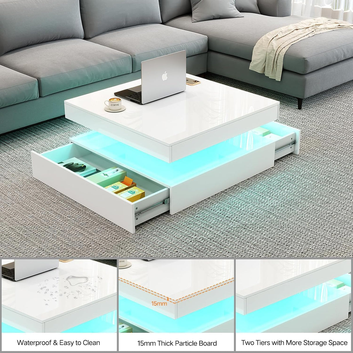 LED Coffee Table for Living Room with Storage - High Glossy Modern White Center Table with 2 Drawers, Square Wooden Middle Table with 16-Color Lights 31" x 31" x 14.6" (White) FKWin