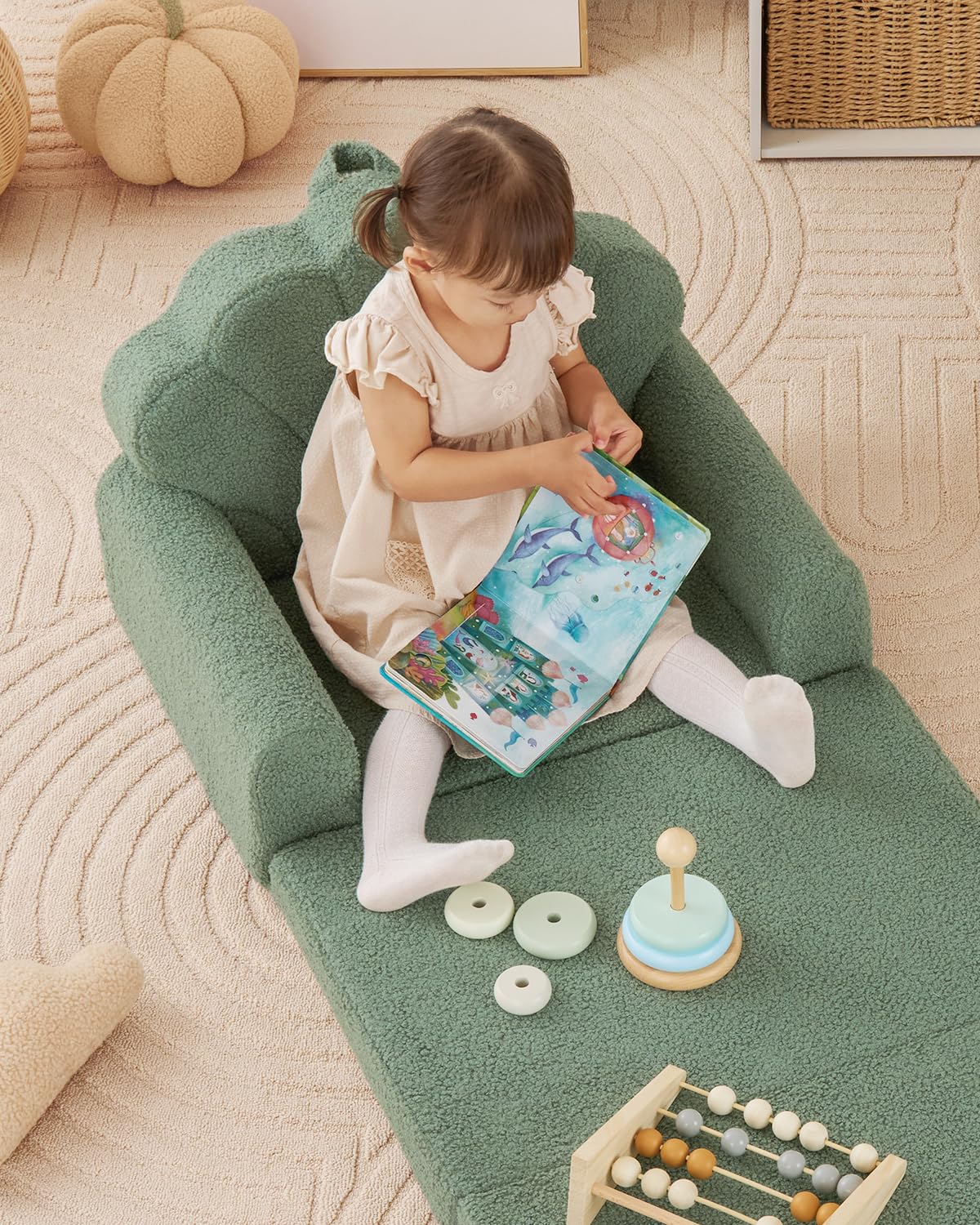 Blissful Diary Kids Couch, 2-in-1 Soft Toddler Couch Fold Out, Toddler Chair Comfy, Convertible Sofa to Lounger with Cute Shell Designs, Green Blissful Diary