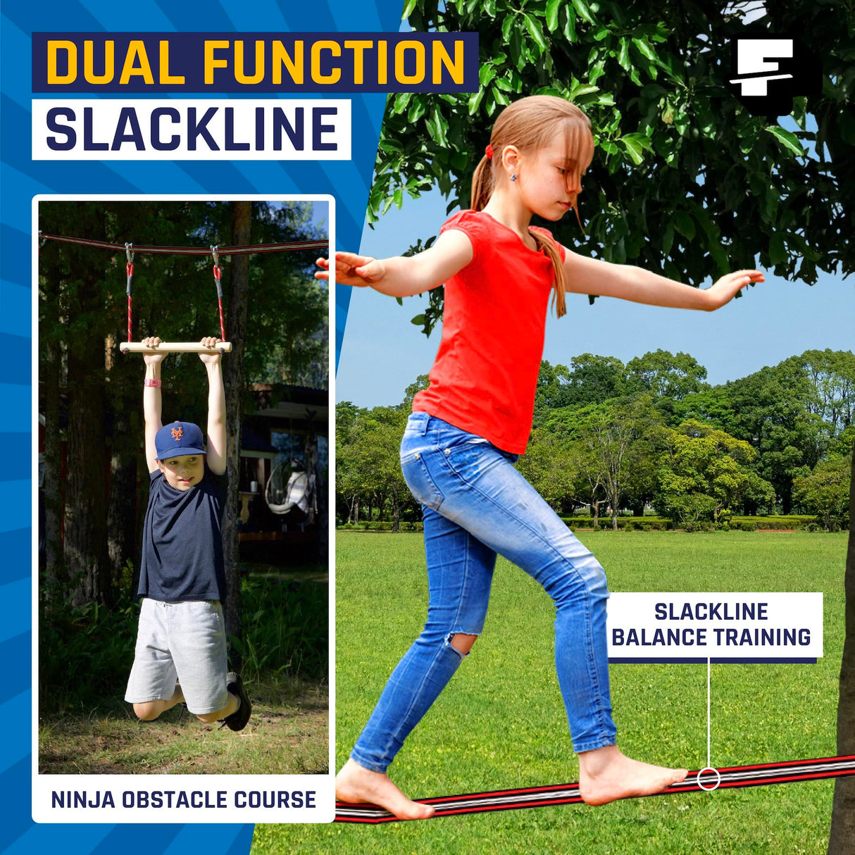 Fofana Ninja Warrior Obstacle Course for Kids – 32-Piece Backyard Playset, 9 Fun Training Obstacles, 65 Ft Slackline Kit Accessories - Outside Line Ninja Kids Toys, Outdoor Play Equipment, Jungle Gym Fofana