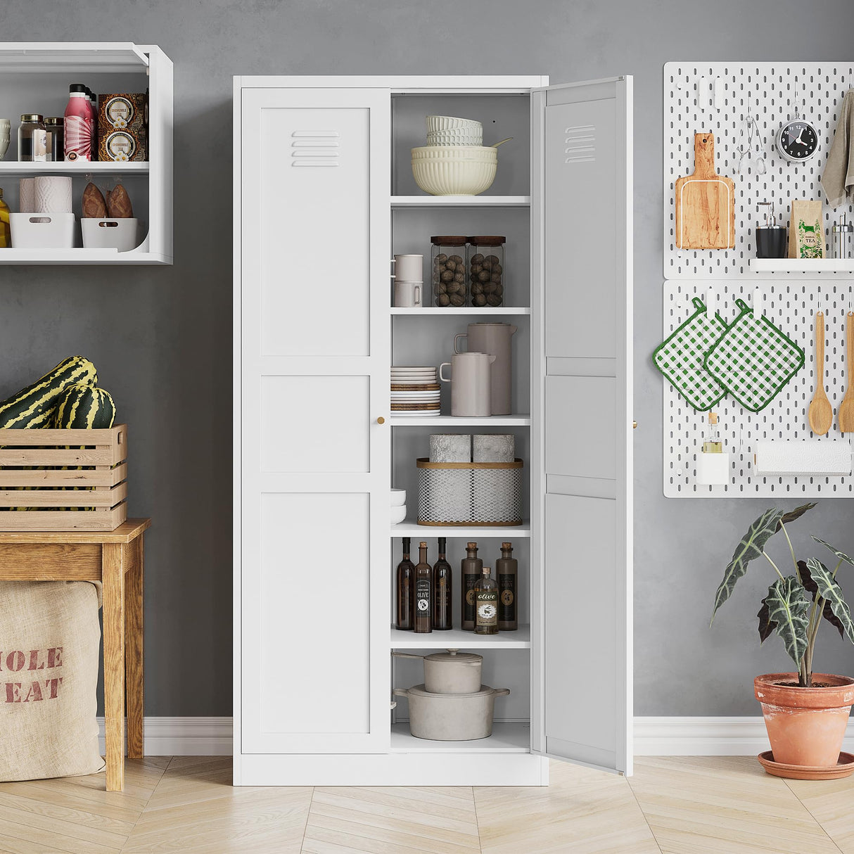 MIIIKO Metal Pantry Cabinet, Utility Storage Cabinets with 2 Doors and 5 Shelves, Versatile Freestanding Tall Cupboard for Kitchen, Bedroom, Laundry Room and Office, 71" H x 15.7" D x 31.5" W MIIIKO