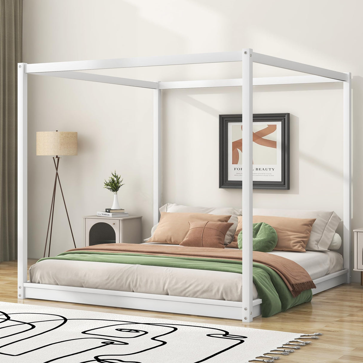 King Size Canopy Bed Frame, Wood Floor Bed with 4 Poster and Wooden Slats Support, No Box Spring Needed, White Bellemave