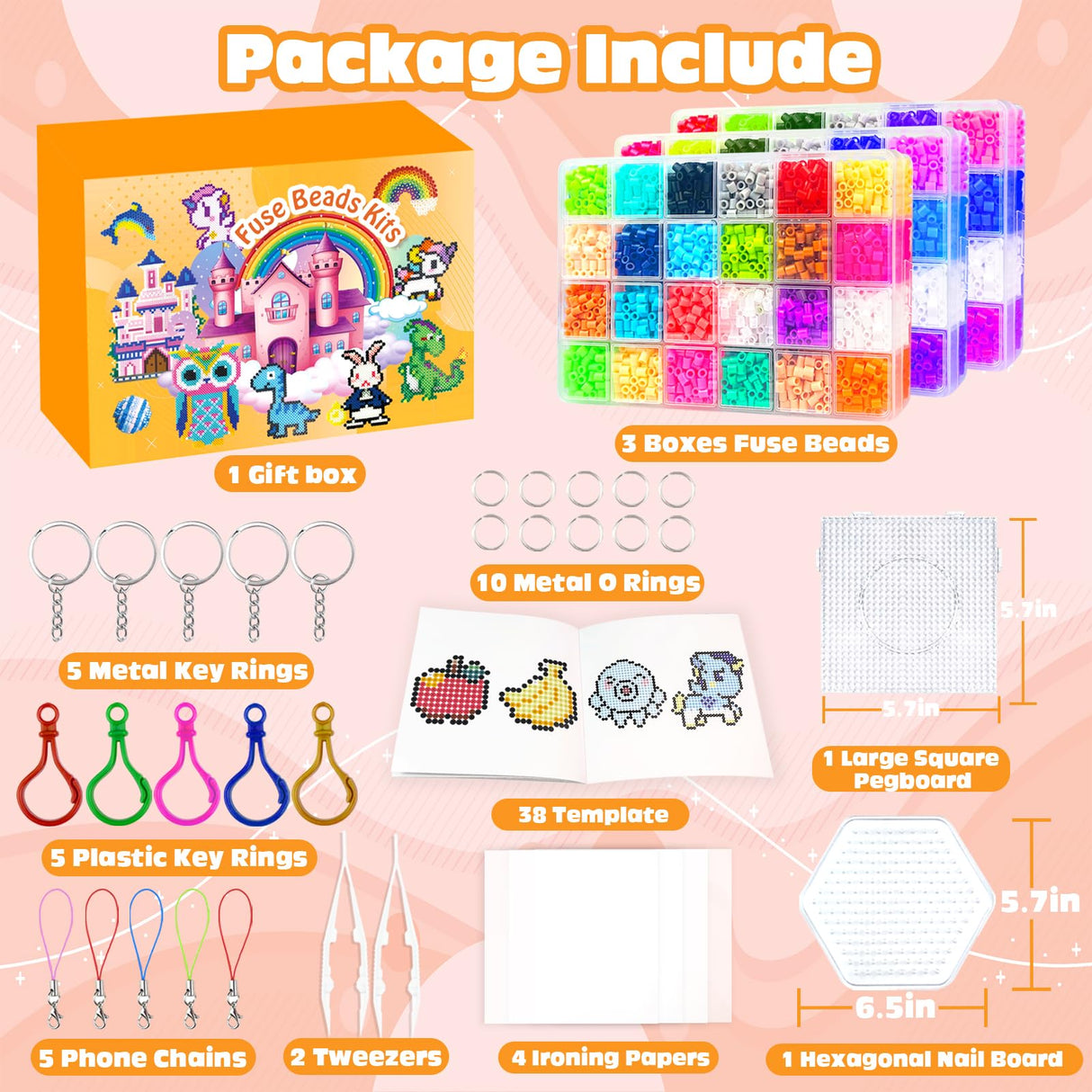 Fuse Beads Kit - 72 Colors 5mm Fuse Beads Set with Pegboards, Ironing Papers and Accessories, Fuse Beads 3 Boxes, DIY Craft Kits for Kids, Arts and Crafts Gifts for Girls & Boys Christmas Birthday AJAZPER