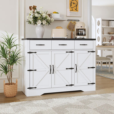 Maupvit 42.5" Sideboard Buffet Cabinet with Storage,Farmhouse Coffee Bar Cabinet with 3 Drawers & 3 Barn Doors, Wood Cupboard Buffet Table Storage Cabinet for Kitchen, Dining Room, Living Room, White