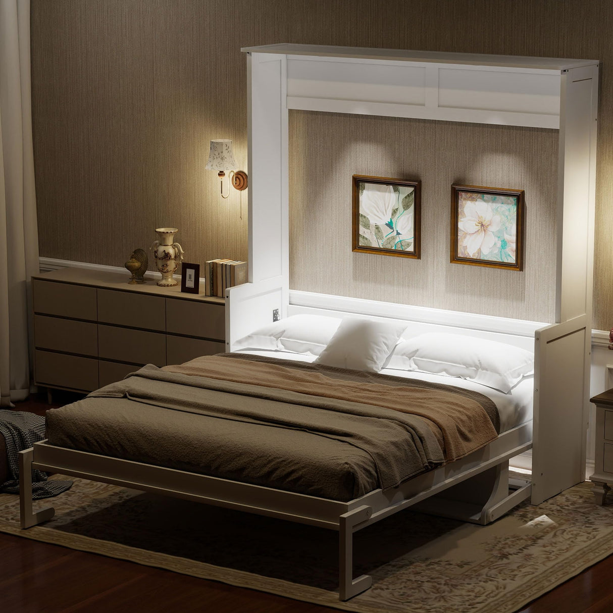 Ball & Cast Queen Size Murphy Bed with Desk,Hideaway Beds w/LED Lights and USB Charging Station,Wood Wall Cabinets Bedframe,Slat Support,Dual Piston Metal Folding Mechanism Designed,White Ball & Cast