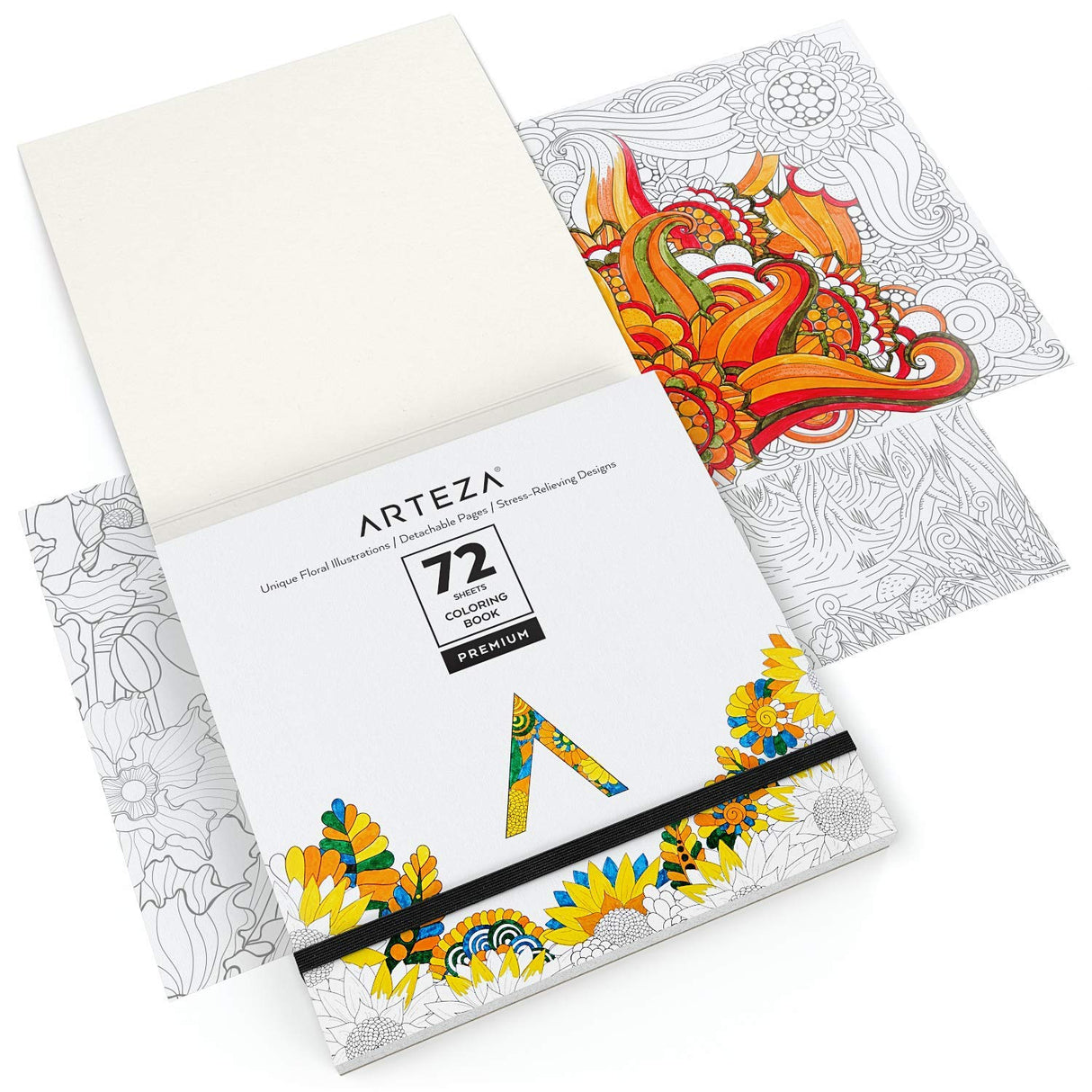 ARTEZA Adult Coloring Book, Floral Designs, 72 Sheets, 6.4x6.4 Inches Coloring Pages, 100 lb Paper, Gray Outlines ARTEZA