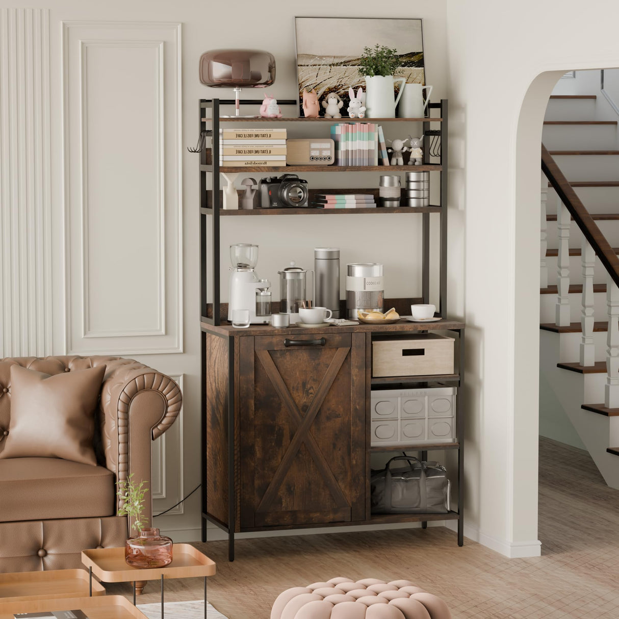 Kitchen Bakers Rack with Storage Drawers and Power Outlet, 65.8”Coffee Bar Cabinet with 6 Hooks, Microwave Stand with Tilt Out Trash Can Cabinet for Dining Room Living Room, Fits 10-Gallon Bins spanspace