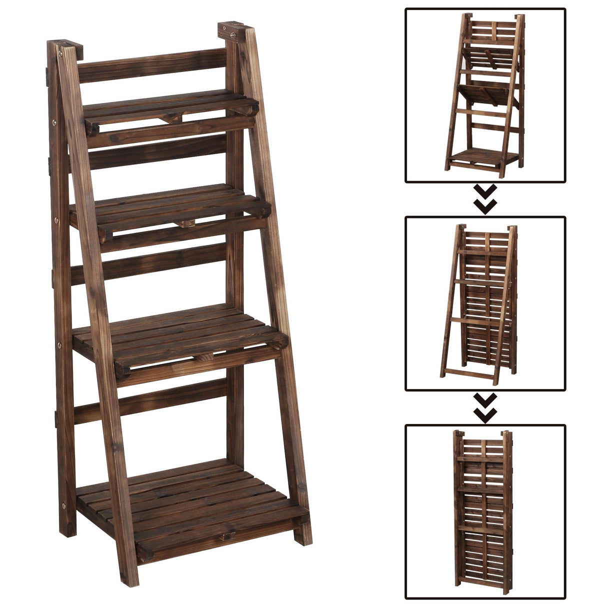 Yaheetech Wooden Foldable Ladder Shelf 4-Tier Magazine Holder Book Rack Plant Stand Folding Flower Display Pot Decorative Storage Free Standing Indoors/Outdoors Rustic No Assembly Required Brown Yaheetech