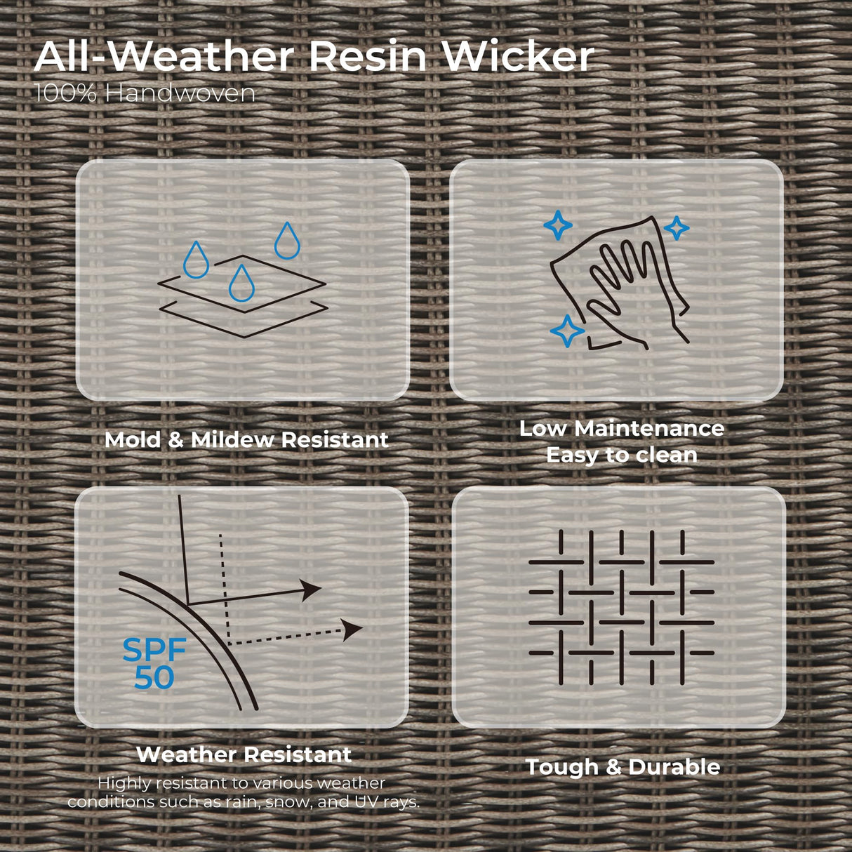 CHITA 5 Pieces Patio Wicker Furniture Set, Outdoor Rattan Bistro Set with Removable Thickened Cushions, Fully Assembled(Gray Cushions with Brownish Gray Wicker) CHITA