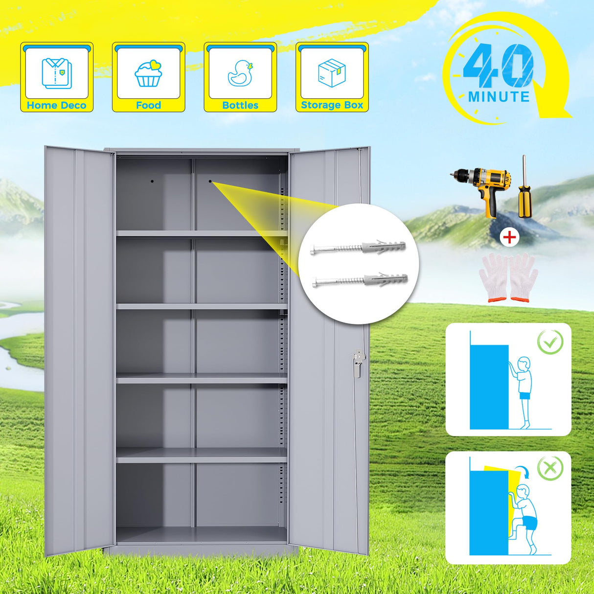 Pataku Metal Storage Cabinet, 72" Garage Cabinet with Doors and Shelves Lockable Steel Multifunctional Cabinets, File Cabinets for Home, Office, Warehouse(Dark Grey) Pataku