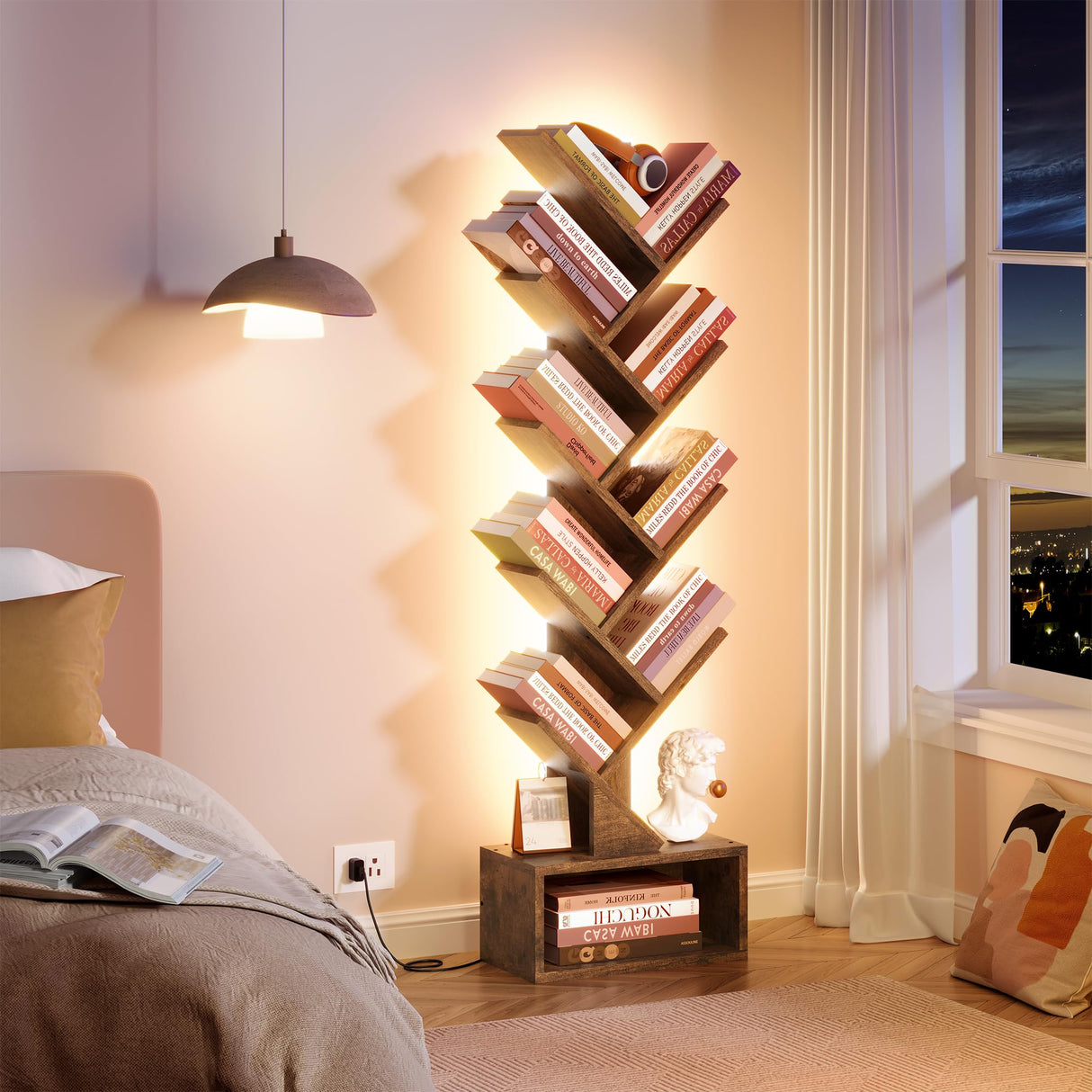 Hoctieon 9 Tier Tree Bookshelf, Tall Bookcase, Freestanding Book Shelf with LED Lights, Display Floor Standing Storage Shelf, Book Organizer Shelves for Home Office, Living Room, Rustic Brown Hoctieon