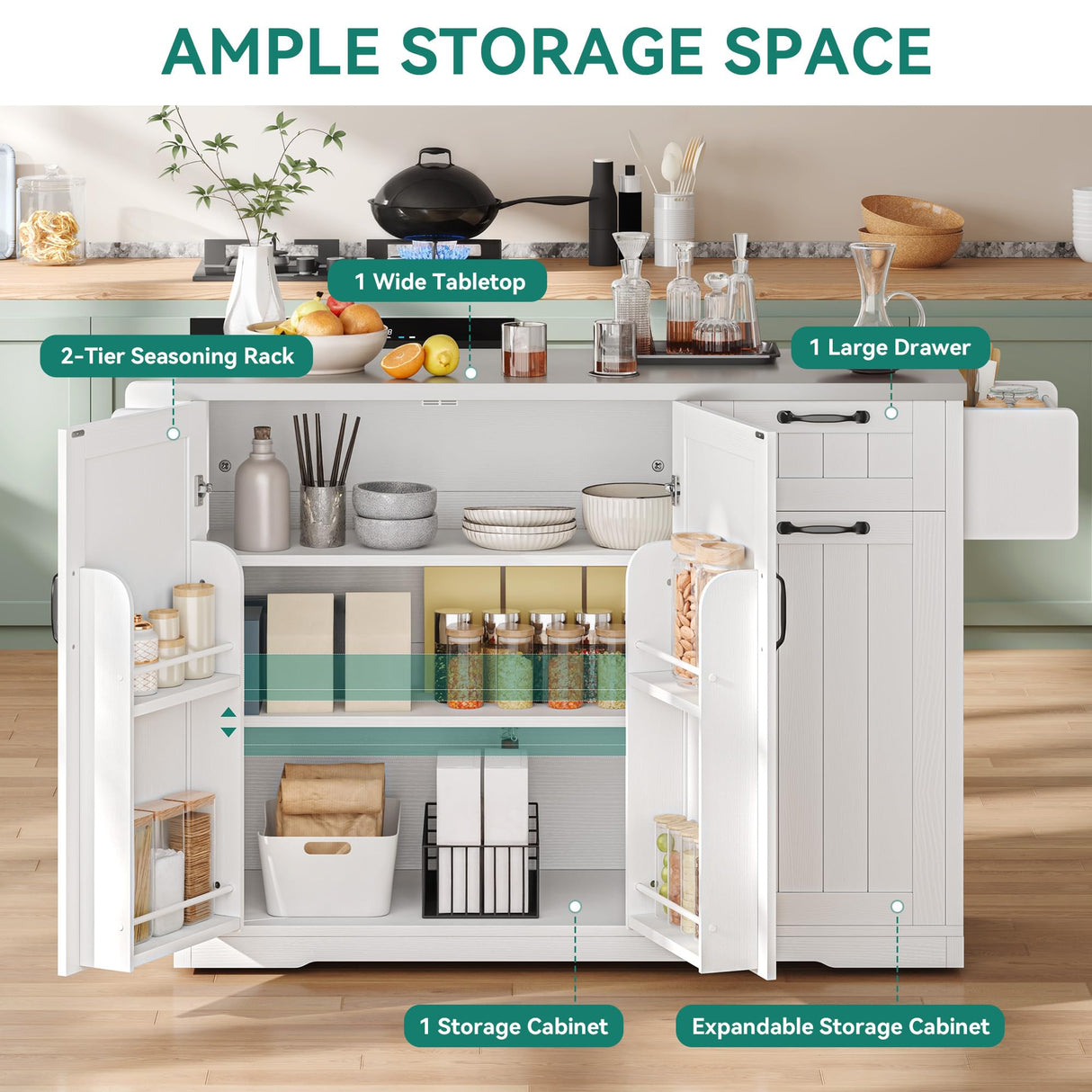 YITAHOME Kitchen Island with Stainless Steel Top, 54" Drop Leaf Kitchen Island with Storage, Rolling Carts with Pull-Out Cabinet, 3 Tier Slide Out Drawers & Shelves, 2 Doors Storage for Dining,White YITAHOME