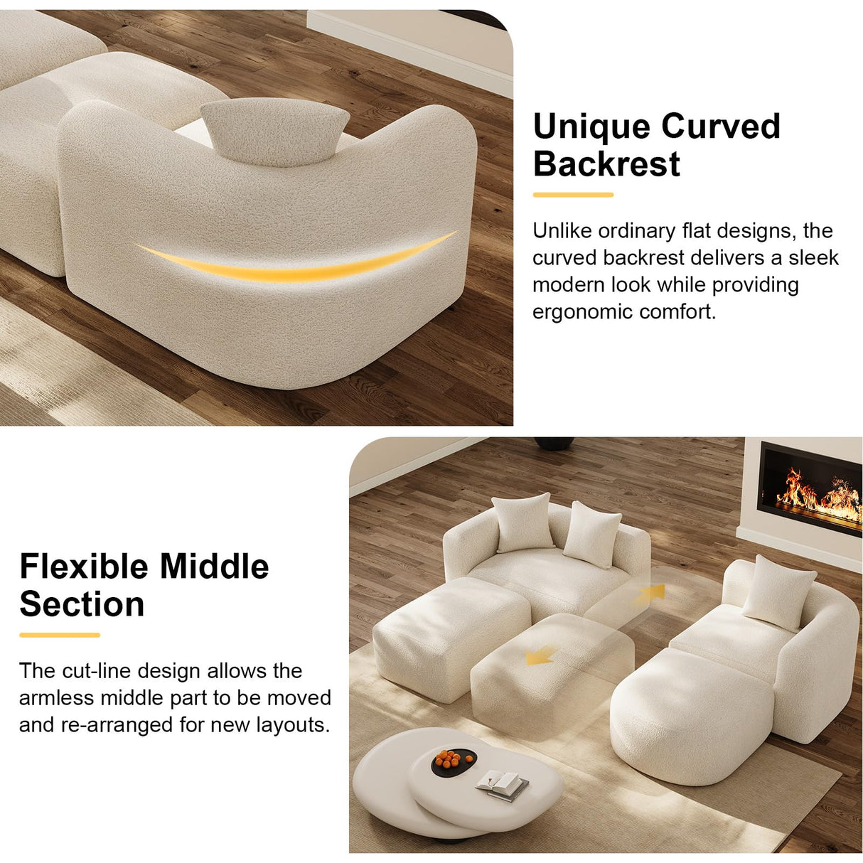 OUYESSIR Modern Oversized Curved Sectional Sofa for Living Room, 119" Luxury Plush Chenille Convertible Modular Sectional Sofas with Ottoman,Minimalist L-Shape Curved Cloud Couch, Cream White OUYESSIR