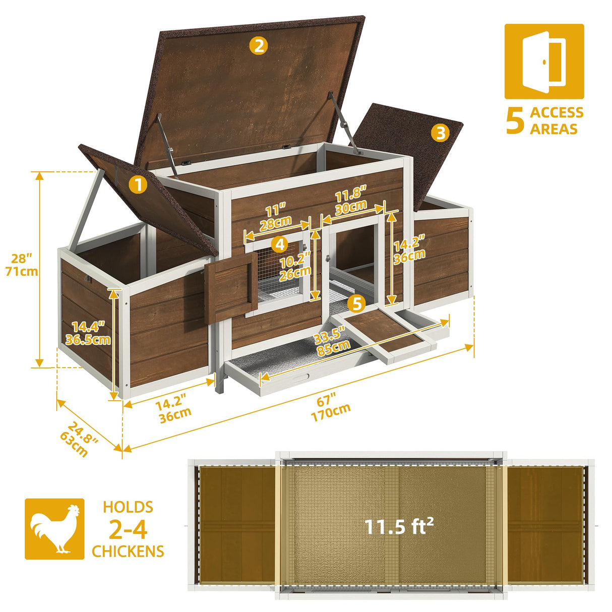 DWVO Solid Wood Chicken Coop for 4-6 Chickens, Outdoor Wooden Chicken Run Pen with 2 Nesting Boxes, Poultry Cage Rabbit Hutch Duck Coop Hen House w Weatherproof Roof & Removable Tray, Brown DWVO