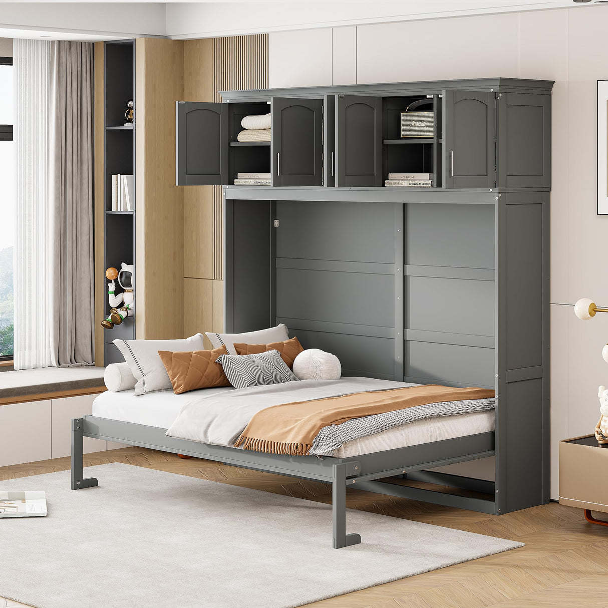 Harper & Bright Designs Full Size Murphy Bed Wall Bed with Storage Cabinets, Space-Saving for Multipurpose Guest Room Bedroom or Home Office, Gray Harper & Bright Designs