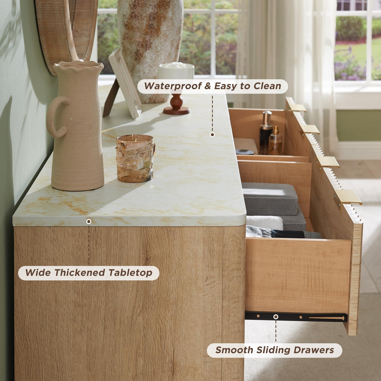 T4TREAM Fluted 6 Drawers Dresser, 54" Wide Modern Chest of Drawers with Faux Marble Top, Curved Profile Design, Dresser TV Stand, Wood Drawer Organizer for Bedroom, Living Room, Hallway, Natural Oak T4TREAM