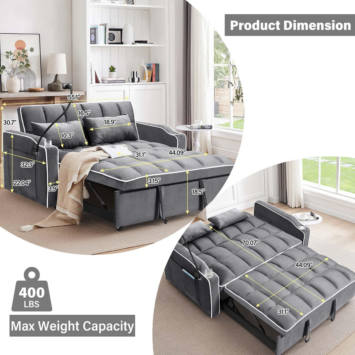 Convertible Sofa Bed,3-in-1 Velvet Sleeper Couch Pull-Out Bed,55'' Loveseat Sleeper Sofa Bed with Adjustable Backrest with 2 Pillows and Storage Bag & USB Port and Swivel Phone Stand,Dark Gray WIIS' IDEA