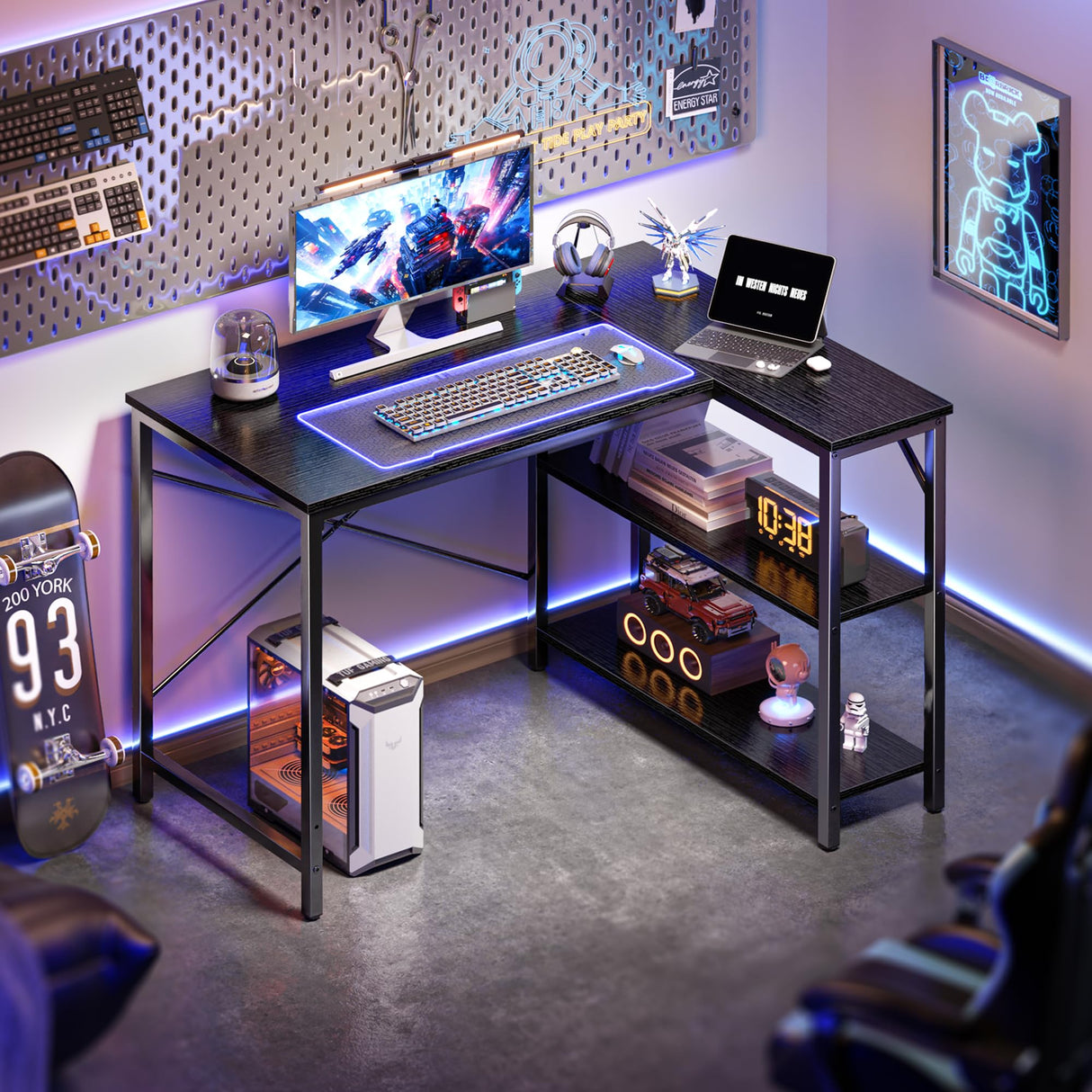 Huuger L Shaped Desk, 39 Inches Computer Desk with Reversible Storage Shelves, Gaming Desk, Corner Desk Home Office Desks, Writing Desk Study Desk with Metal Frame, Black Huuger