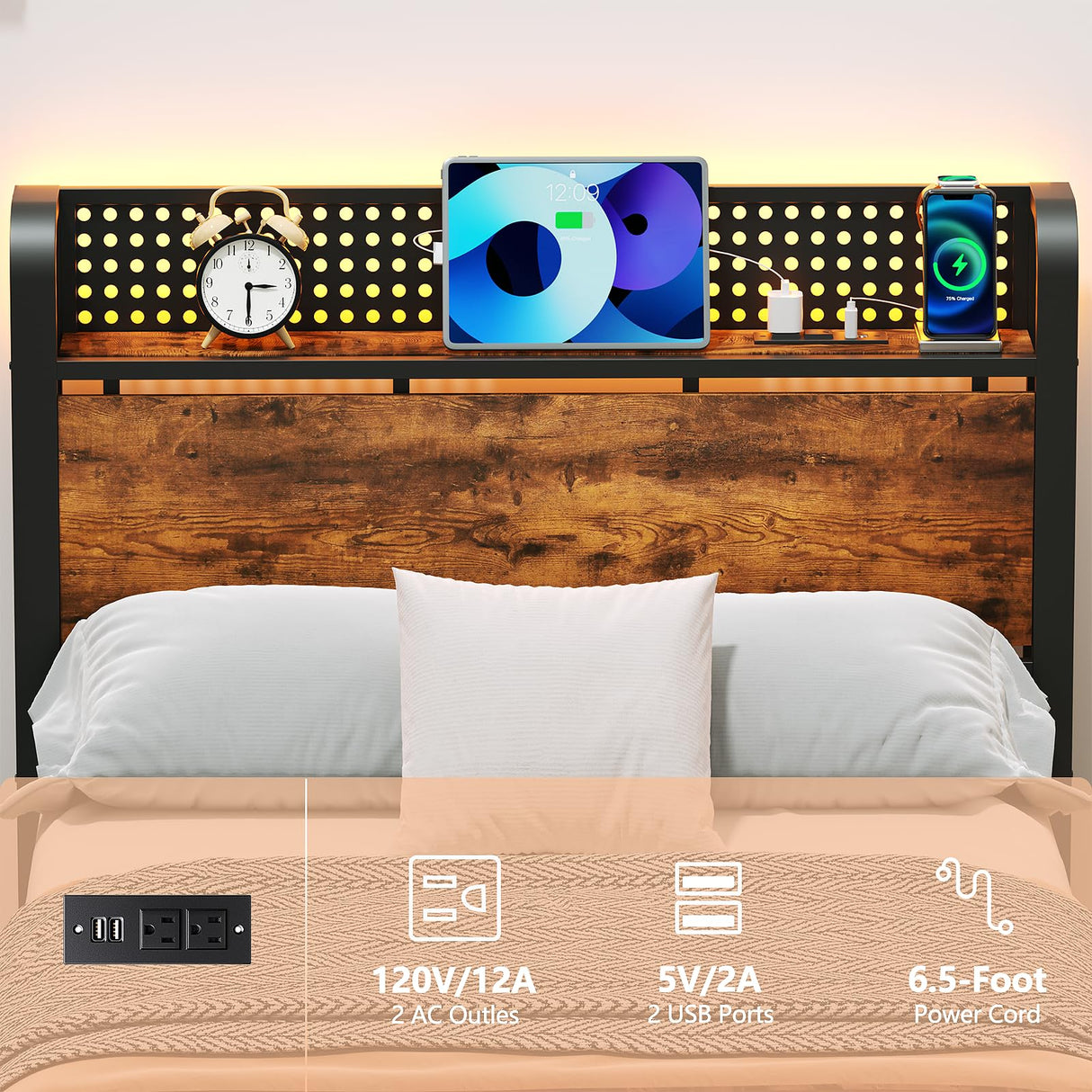 Furnulem Twin Bed Frame with LED Lights, Charging Station, and Under-Bed Storage in Rustic Brown Furnulem
