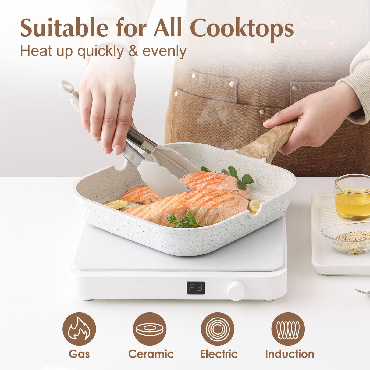 SENSARTE Nonstick Ceramic Grill Pan for Stove Tops, Versatile Square Grilling Pan with Pour Spouts, Durable Grill Skillet for All Stoves, Steak Pan Bacon Pan, Non Toxic-PTFE,PFAS,PFOA Free, 11 Inch SENSARTE