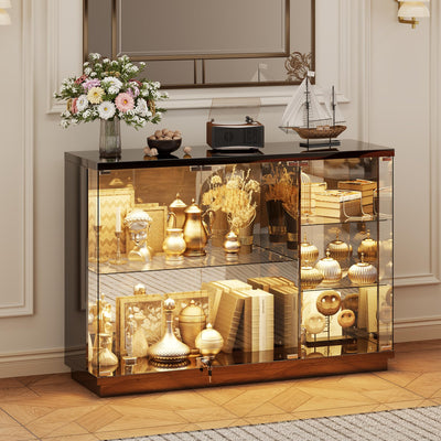 HNEBC Lockable Display Curio Cabinet with Glass Door,47.2" W Glass Display Cabinet with 3 Color Lights for Collectibles,5-Tier Lighted Display Case with Human Sensor,Living Room,Black