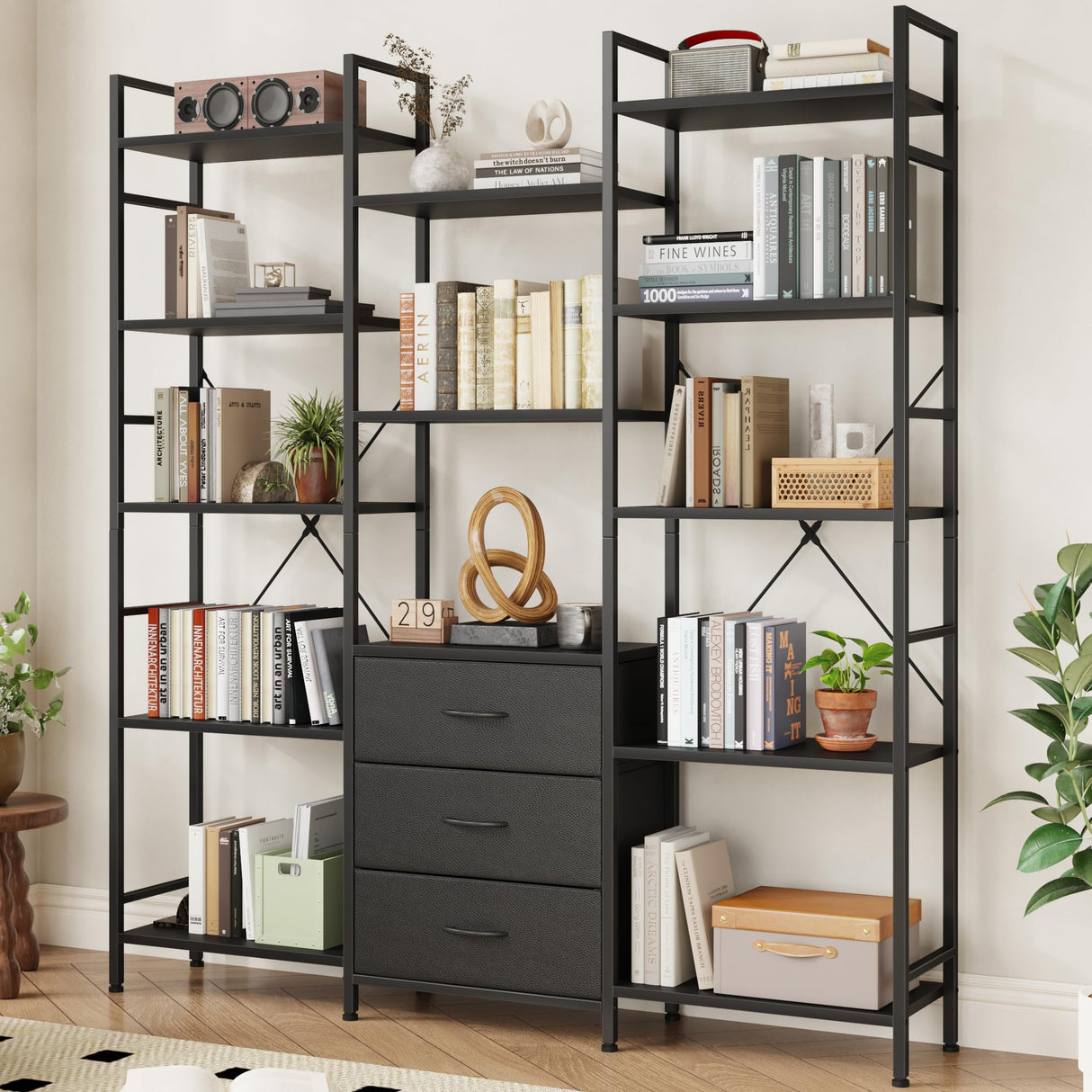 AFLUI Triple Bookshelf with 3 Fabric Drawers, 5-Tier Book Shelf and 10 Display Shelves, Industrial Large Bookcase for Home & Office, Black, 47'' Wide AFLUI