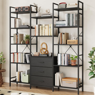 AFLUI Triple Bookshelf with 3 Fabric Drawers, 5-Tier Book Shelf and 10 Display Shelves, Industrial Large Bookcase for Home & Office, Black, 47'' Wide