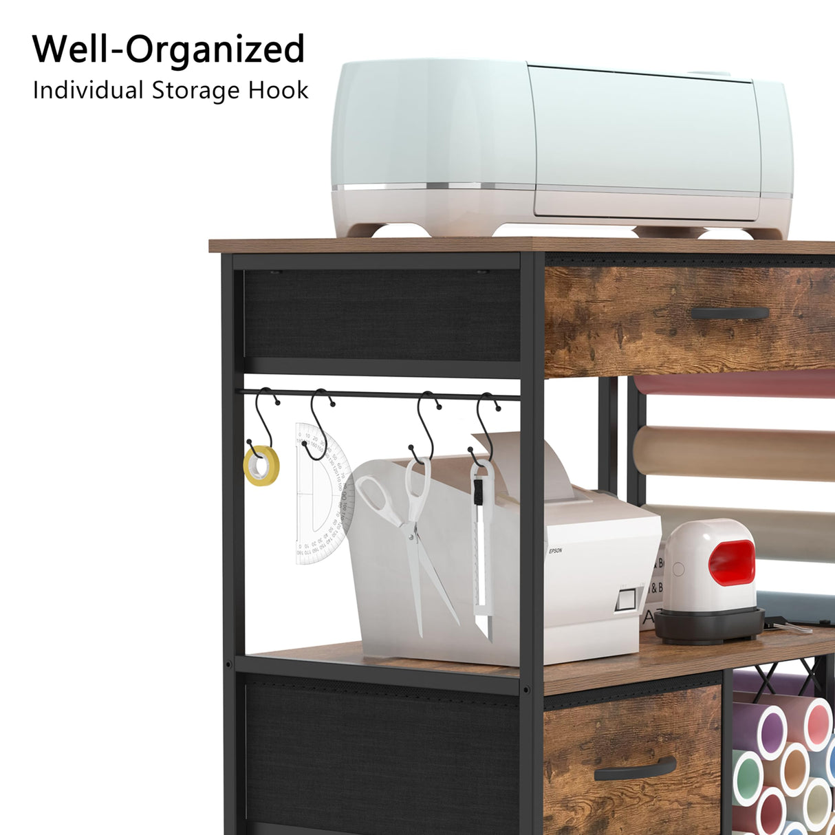 VENNQD Storage Cart Compatible with Cricut Machines Stand Cutting Machine Stand with Drawers and Vinyl Roll Holder Rolling Craft Cabinet Table for Cricut Craft Workstation (Rustic Brown) VENNQD