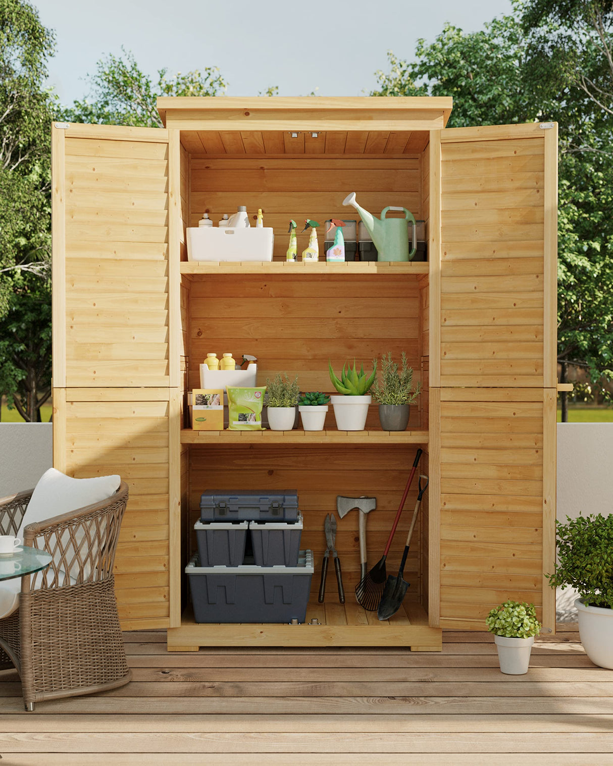 Gizoon Outdoor Storage Cabinet with 3 Shelves, Double Lockable Wooden Garden Shed with Waterproof Roof, Outside Vertical Tall Tool Shed for Yard Patio Lawn Deck-Natural Gizoon