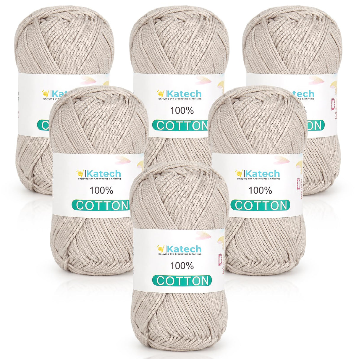 Katech Pure Cotton Yarn for Crocheting & Knitting – Soft Sport Weight CYC #2, 6 Skeins (50g Each, 300g Total), Ideal Crochet Yarn for Dishcloths, Baby Clothes, Socks, Lightweight Scarves(Beige) Katech