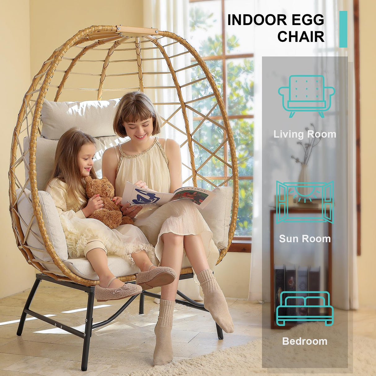 SWITTE Wicker Egg Chair Outdoor Indoor, Oversized Rattan Patio Lounge Chairs with Cushion for Backyard, Living Room, Steel Frame, 480lb Capacity-Cream SWITTE