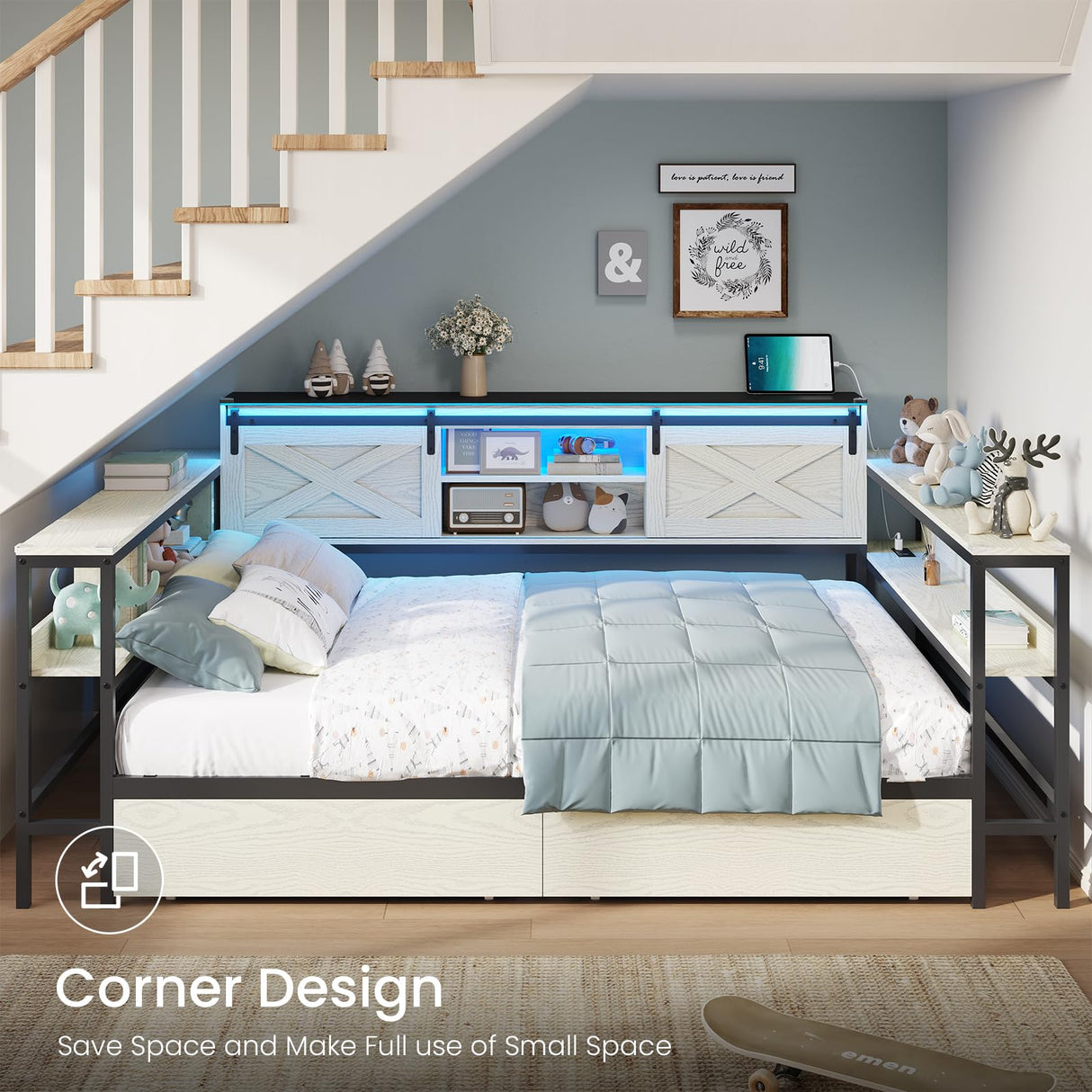 DICTAC Corner Full Bed Frame with Storage Drawers and Charging Station Farmhouse Metal Platform Bed Frame with Sliding Barn Doors and Led Lights Full Daybed with Storage Headboard,Black & White DICTAC