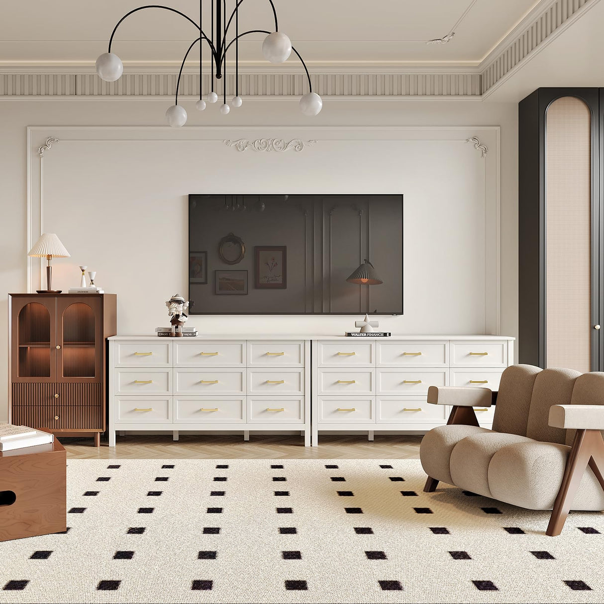 BAZELOR Farmhouse 9 Drawers Dresser for Bedroom, Wood Rustic Wide Dressers with Gold Handles, Wood Chest for Bedroom, Hallway, Entryway, White BAZELOR