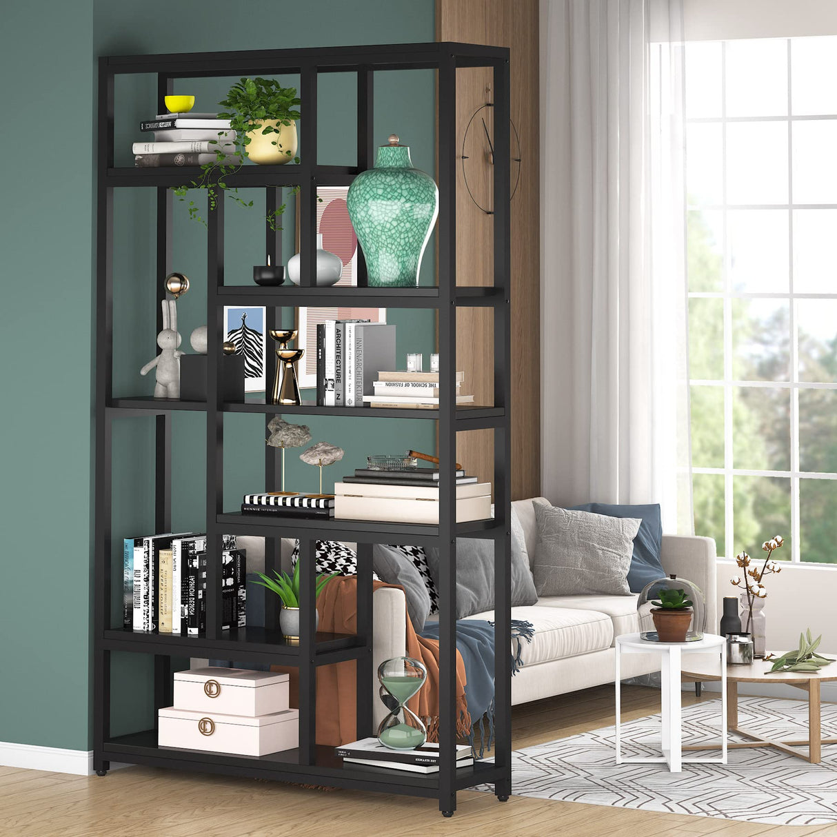 79-Inch Tribesigns 7-Tier Industrial Bookshelf with 10 Open Shelves in Black Tribesigns