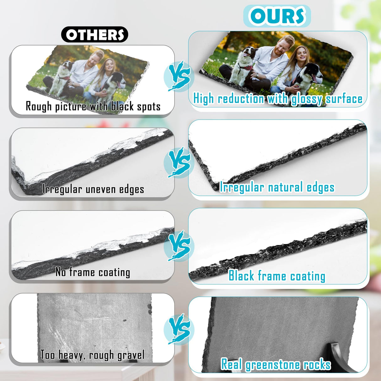 Keepwaters Sublimation Slate Blanks, Sublimate Slates With Display Holder, 6 Pack Square Sublimation Plaque, Heat Thermal Memorial Slates Rock Stone Photo Frame For Desktop Souvenir DIY Picture Keepwaters