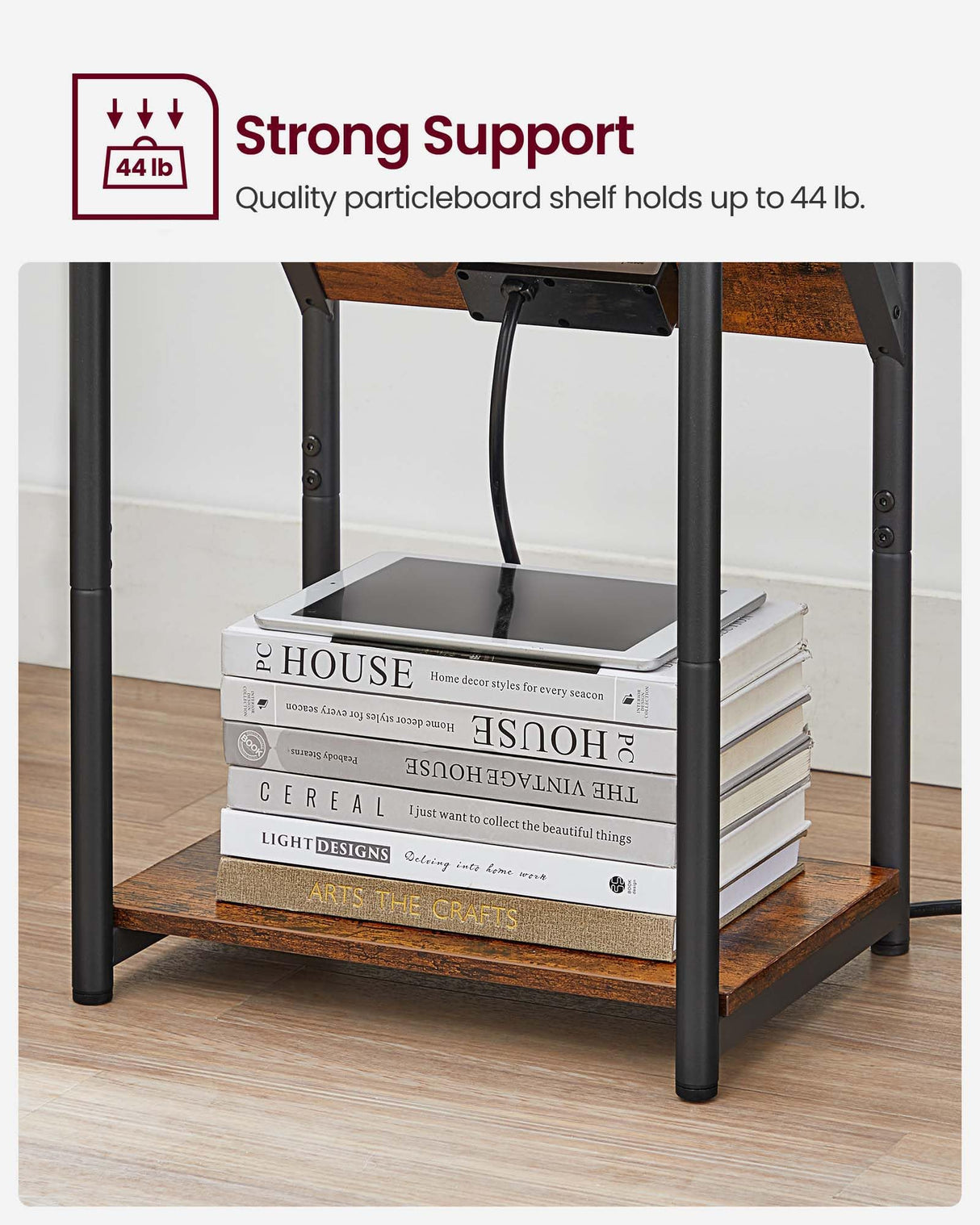 VASAGLE End Table with Charging Station, Small Side Table for Living Room, Bedroom, Nightstand with Outlets and USB Ports, Bedside Table with Storage Shelf, Rustic Brown and Black VASAGLE